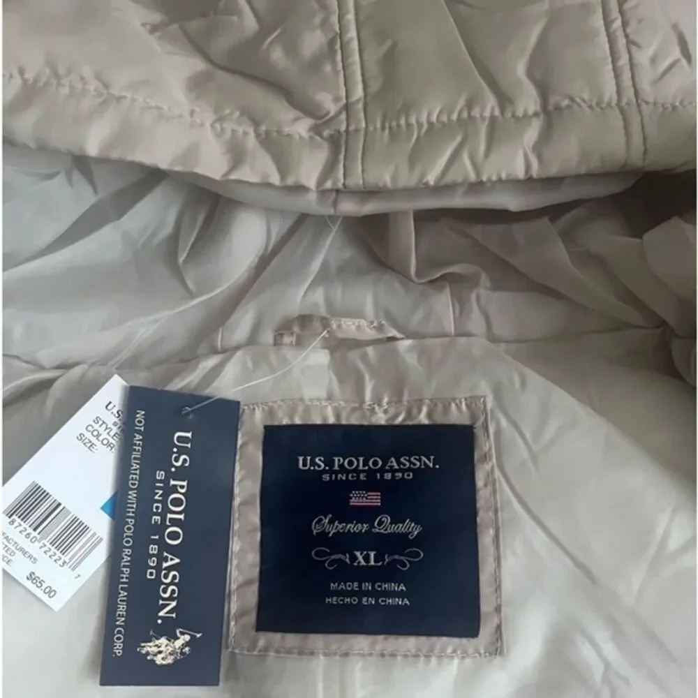 US Polo Puffer Hoodie Cropped Vest Large Women's Front Zip Beige